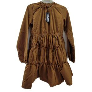 boohoo Dress Womens 8 Brown Extreme Gathered Smock Long Sleeve Tier NWT